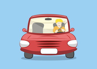 vector illustration of a young happy man driving red car. eps 10