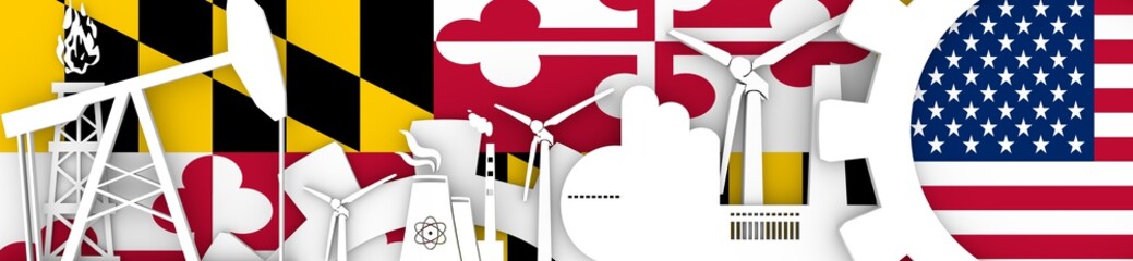 Energy and Power icons set. Header banner with Maryland and USA flags