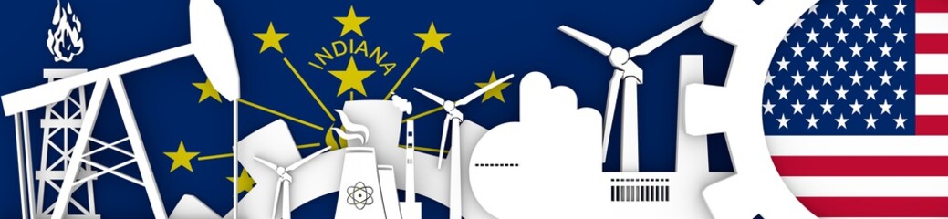 Energy and Power icons set. Header banner with Indiana and USA flags