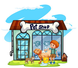 Obraz na płótnie Canvas Boy washing dog at pet shop