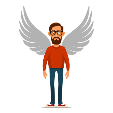 Hipster Businessman with Wings. Angel in flat style. Vector