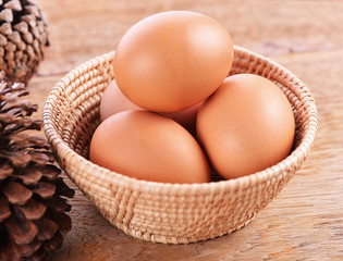 Eggs in a basket on the wooden floor