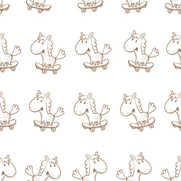 Seamless pattern with cute cartoon horses on skateboard on  white background. Children's illustration. Funny animals. Vector contour image.