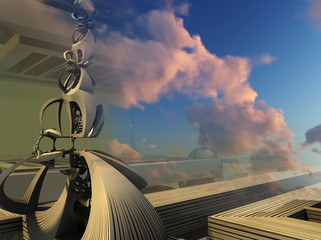 Plakaty  abstrakcyjna kompozycja z krajobrazem wykonana w oprogramowaniu 3d