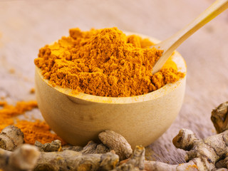 Turmeric roots in the basket on wooden