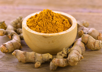 Turmeric roots in the basket on wooden