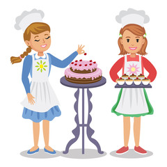 Two cute cartoon girl with pastry. Girl decorates a cake 