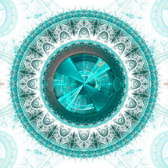 Time Machine. Mechanism and gear galactic hours. Infinity. Eternity. Mysterious psychedelic relaxation wallpaper. Sacred geometry. Fractal abstract pattern. Digital artwork creative graphic design.