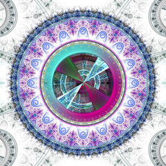 Time Machine. Mechanism and gear galactic hours. Infinity. Eternity. Mysterious psychedelic relaxation wallpaper. Sacred geometry. Fractal abstract pattern. Digital artwork creative graphic design.