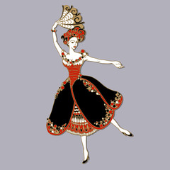 Beautiful heroine. Vector illustration of a beautiful dancer with long dress and fan with floral elements. Dancing girl ballerina isolated on grey background. Ballerina in dance. Design template