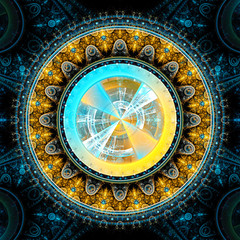 Fototapeta na wymiar Time Machine. Mechanism and gear galactic hours. Infinity. Eternity. Mysterious psychedelic relaxation wallpaper. Sacred geometry. Fractal abstract pattern. Digital artwork creative graphic design.