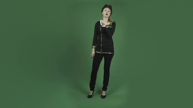 caucasian air hostess isolated on chroma green screen background talking interview