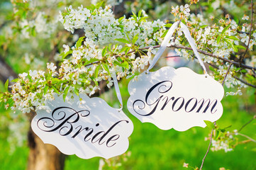 Bride and groom decoration boards handing on the blooming tree