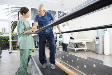 Physiotherapist Looking At Senior Patient Walking Between Parall