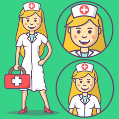 Cartoon nurse in scrubs and with medical kit. Vector nurse emoji. Nurse icons. Set nurse character in cartoon style.