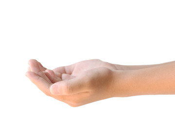 Closeup of two hands holding empty isolated on white background.