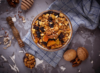 Granola with nuts and dried fruit.