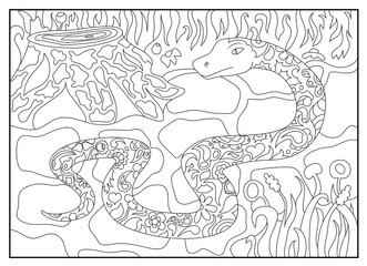 Coloring page snake in jungle