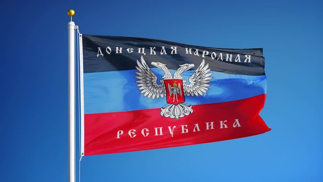 Donetsk People's Republic flag waving in slow motion against blue sky, seamlessly looped, close up, isolated on alpha channel with black and white matte, perfect for film, news, digital composition