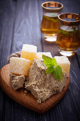 Turkish delight, halva and tea.