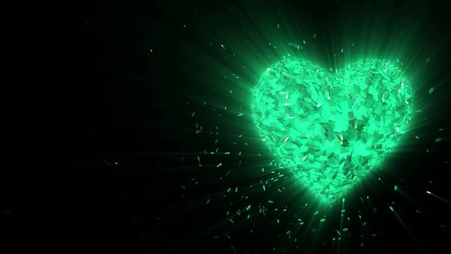 Abstract looped animated background: Rotating luminous 3d emerald heart formed pieces and cubes of green spinning with stray pieces.  Seamless loop.