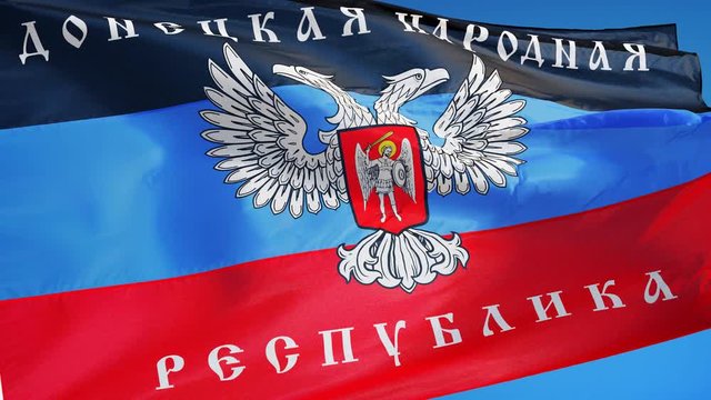 Donetsk People's Republic flag waving in slow motion against blue sky, seamlessly looped, close up, isolated on alpha channel with black and white matte, perfect for film, news, digital composition