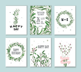 Set invitation with green plants. Cards for birthdays, holidays, parties. Wedding Invitations.