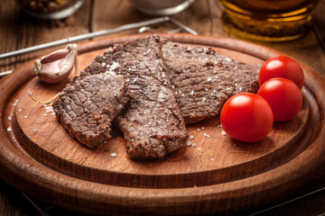 Slices of fried beef.