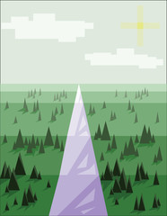Abstract landscape with pine trees, snow, sun and purple road, over a light green background. Digital vector image.