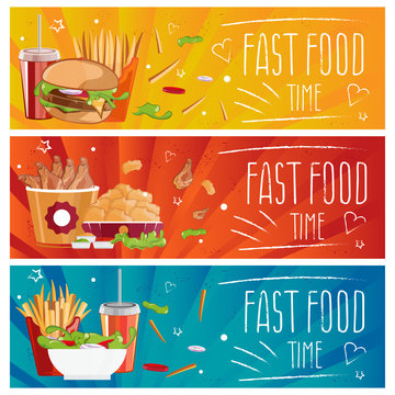 Set of banners for theme fast food with hamburgers,fries,cola an