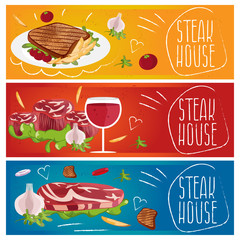 Set of banners for theme steak house with steak,fries,wine. Vect