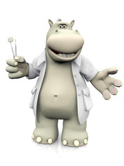 3D rendering of a cartoon hippo dentist holding toothbrushes.