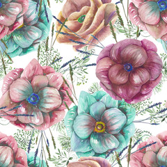 Seamless pattern with the watercolor anemone flowers and grass, hand drawn on a white  background