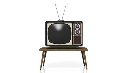 Antique TV set on table, isolated on white background. 3D rendering