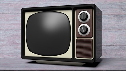 Antique TV set with black screen, on wooden  background. 3D rendering