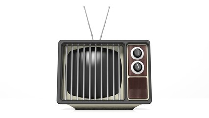 Antique TV set with prison bars on screen, on white background. 3D rendering