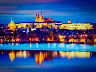 View of Charles Bridge and Prague Castle in twilight