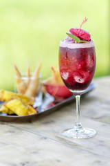 Rosella yogurt  milk shake smoothies with snack background.