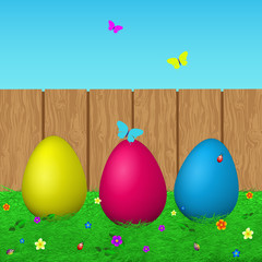 Colorful illustration of Easter eggs on the background of sky an