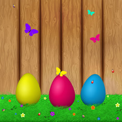 Colorful illustration Easter with eggs, grass, butterflies, beet