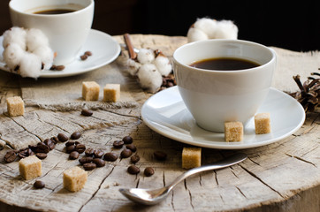 pair cups coffee old wooden stump