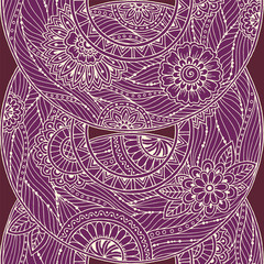 Mandala theme. Floral seamless mandala pattern with dots, lines and flowers. Monochrom purple circle flower ornament. Floral mandala. Hand drawn pattern made by trace from personal sketch.
