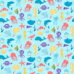 Naklejka premium Seamless pattern with different sea underwater animals in cute c