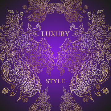 Pattern of birds and feathers on dark purple background. Luxury