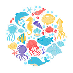 Set of different sea animals in cute cartoon style