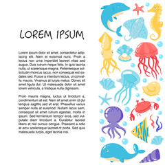 Fototapeta na wymiar Card with different cute underwater animals in cartoon style wit