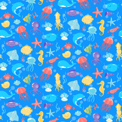 Obraz na płótnie Canvas Seamless pattern with different sea underwater animals in cute c