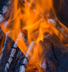 ein loderndes Feuer verbrennt Holz zu Asche