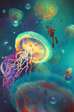 big jellyfishes and diver in fantasy underwater,illustration