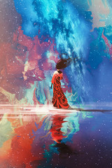 Fototapeta premium woman in dress standing on water against Universe filled with stars,illustration